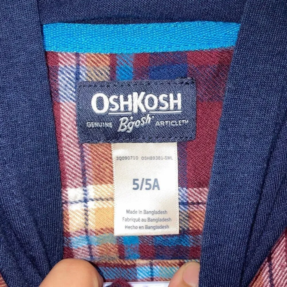 OshKosh B'gosh Boys Hooded Plaid Flannel Shirt Size 5 Red Blue Button Front